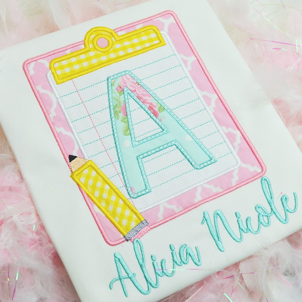 Back to School Clipboard Applique Alphabet Font Monogram Machine Embroidery Design