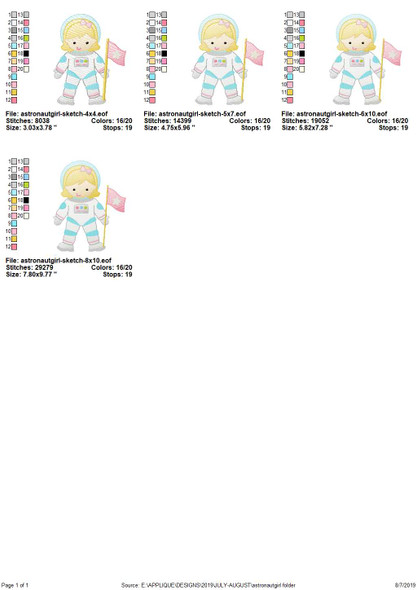 Astronaut Girl Sketch Design Embroidery Design