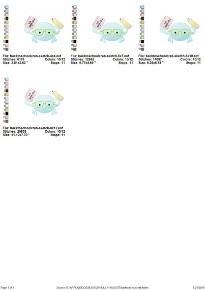 Back to School Crab Sketch Applique   Embroidery Design