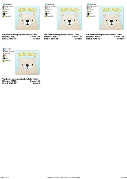 Beary Sweet Patch Sketch Filled Stitch Applique Embroidery Design