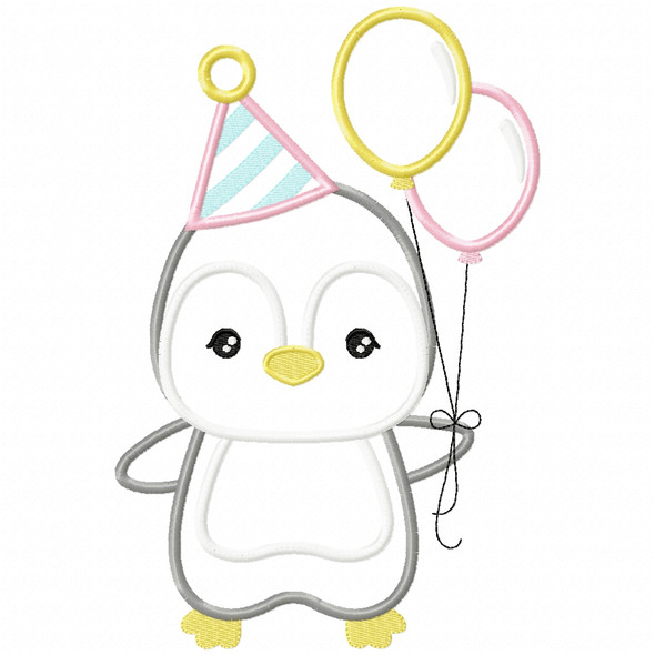 Birthday Penguin Satin and Zigzag Applique   Embroidery Design