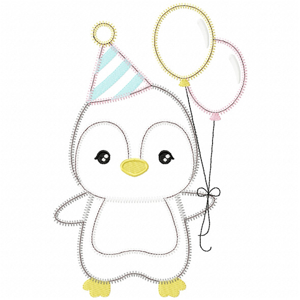 Birthday Penguin Satin and Zigzag Applique   Embroidery Design