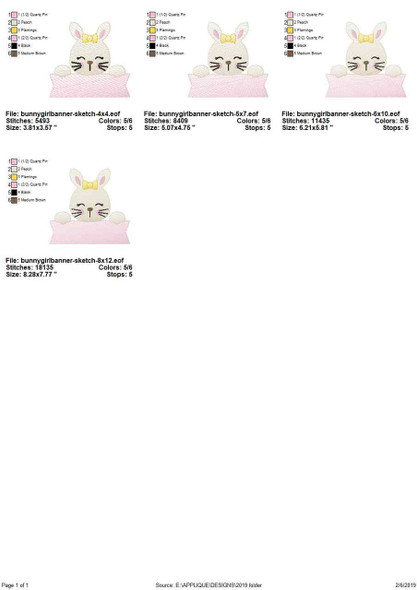 Girly Bunny Banner Sketch Filled Stitch Embroidery Design
