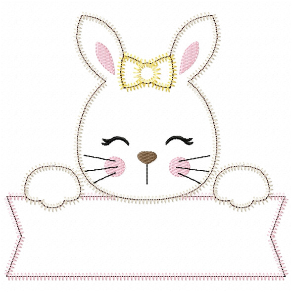 Girl Bunny Banner Satin and ZigZag Stitch  Applique Embroidery Design