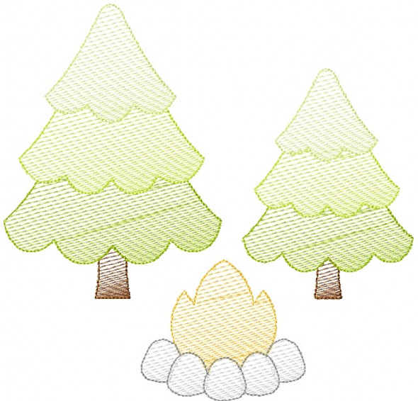 Campfire and Trees Sketch Embroidery Machine Embroidery Design