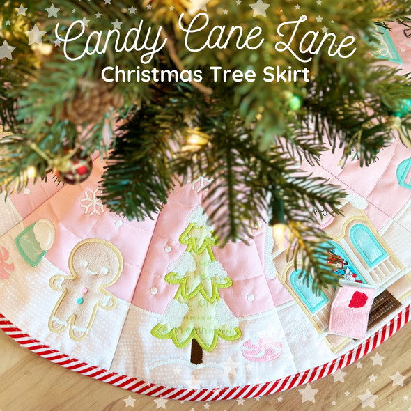 In the Hoop Christmas Tree Skirt Candy Cane Lane Gingerbread Machine Embroidery Design