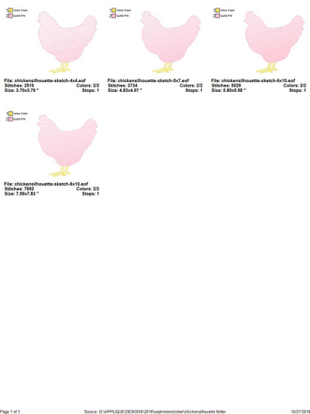 Chicken Silhouette Sketch Applique Embroidery Design