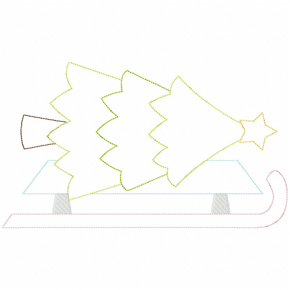 Christmas Tree Sled Simple Stitch and Sketch Fill Applique Embroidery Design