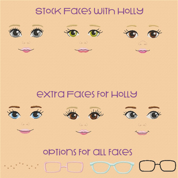 3 Extra Faces For Holly Doll Machine Embroidery Design