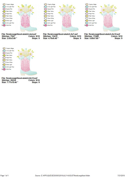 Floral Cowgirl Boot Sketch Applique Embroidery Design