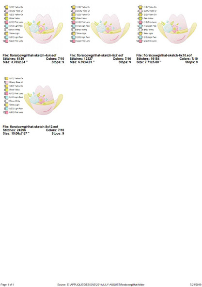 Floral Cowgirl Hat Sketch Applique Embroidery Design