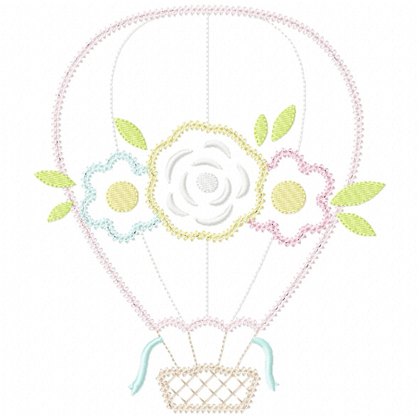 Floral Hot Air Balloon  Vintage and Chain Stitch Machine Embroidery Design