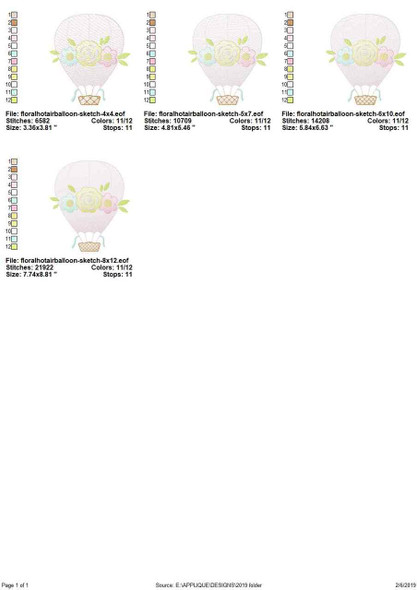 Floral Hot Air Balloon Sketch Filled Stitch Embroidery Design