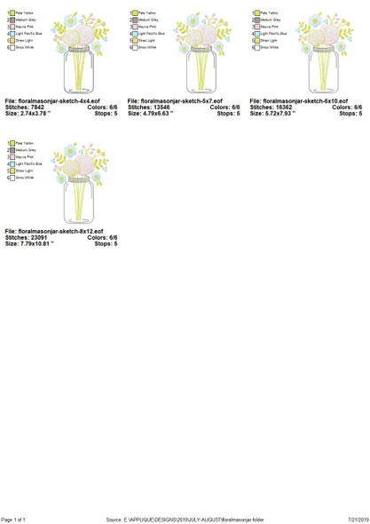 Floral Mason Jar Sketch Applique Embroidery Design