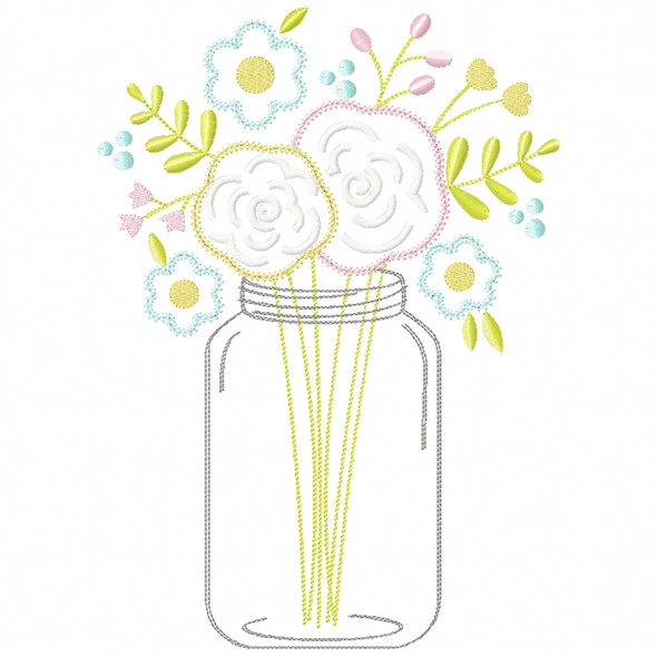 Floral Mason Jar Chain and Vintage Applique Machine Embroidery Design