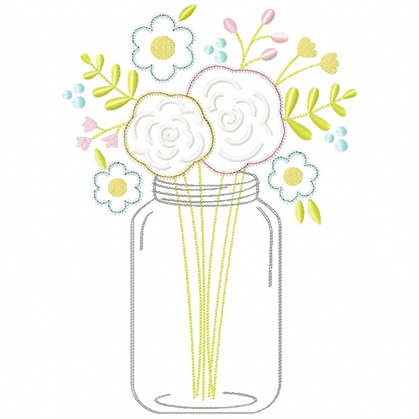 Floral Mason Jar Satin and Zigzag Applique Embroidery Design