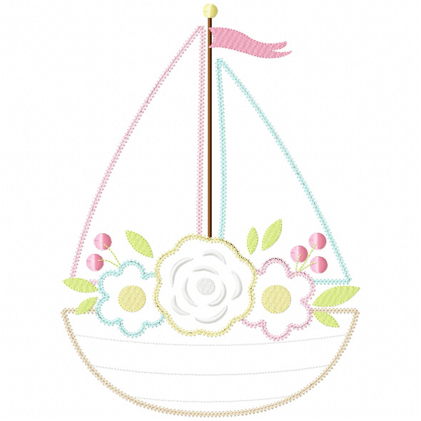 Floral Sailboat Vintage and Chain Applique Embroidery Design