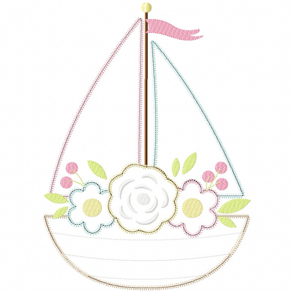 Floral Sailboat Satin and Zigzag Applique  Embroidery Design