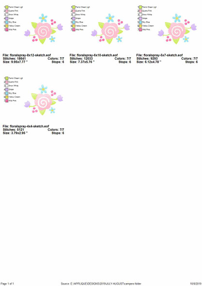 Floral Spray Sketch Applique Embroidery Design