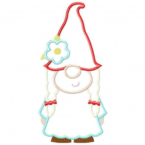 Girl Gnome Satin and ZigZag Stitch Machine Embroidery Design