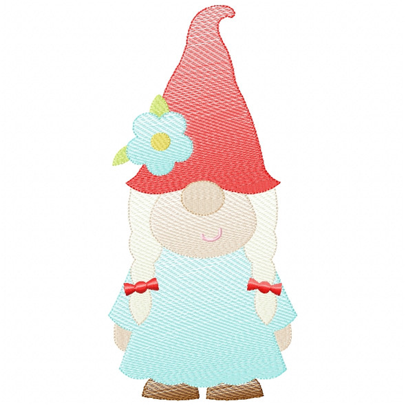 Girl Gnome Sketch Filled Stitch Machine Embroidery Design