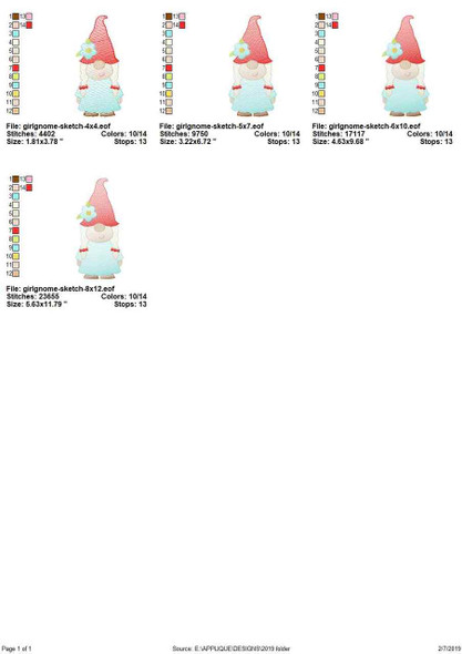 Girl Gnome Sketch Filled Stitch Embroidery Design