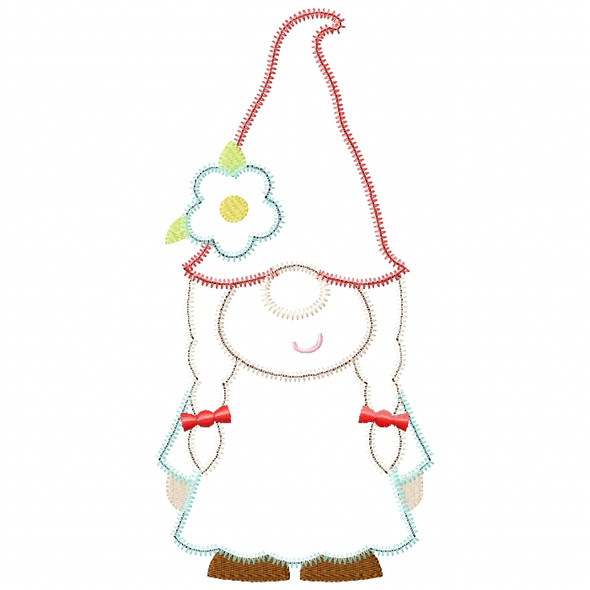 Girl Gnome Satin and ZigZag Stitch  Applique Embroidery Design