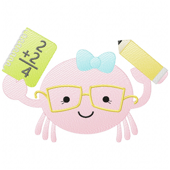 Girly Back to School Crab Sketch Applique Machine Embroidery Design