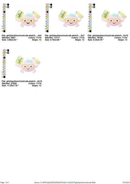 Girly Back to School Crab Sketch Applique   Embroidery Design