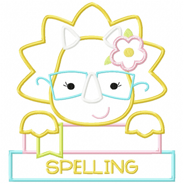 Girly Dino and Books Satin and Zigzag Applique Machine Embroidery Design