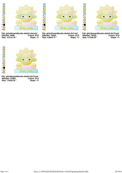 Girly Dino and Books Sketch Applique   Embroidery Design