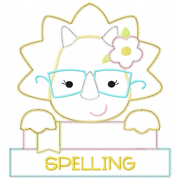 Girly Dino and Books Satin and Zigzag Applique   Embroidery Design