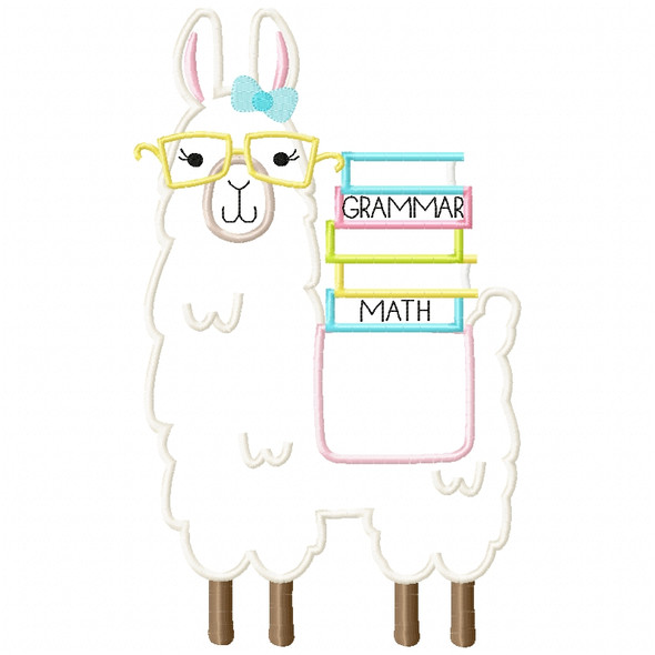 Girly Llama and Books Satin and Zigzag Applique Machine Embroidery Design