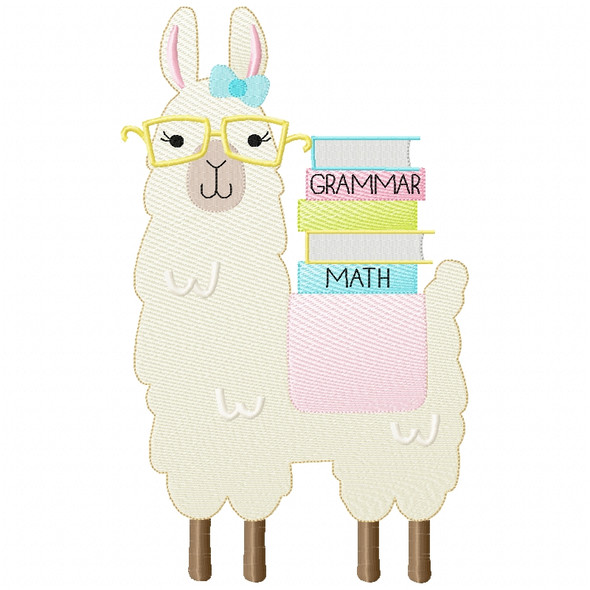 Girly Llama and Books Sketch Applique Machine Embroidery Design