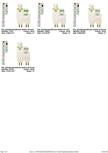 Girly Llama and Books Sketch Applique   Embroidery Design