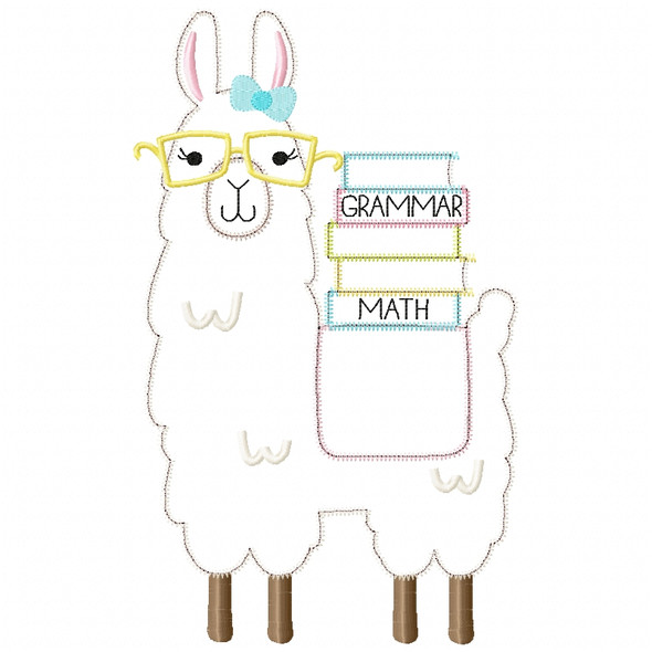 Girly Llama and Books Satin and Zigzag Applique   Embroidery Design