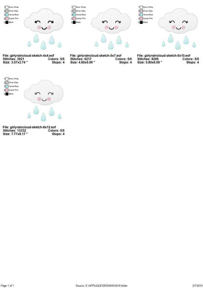 Girly Raincloud Sketch Filled Stitch Applique  Embroidery Design