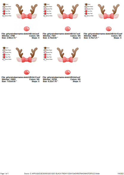 Girly Reindeer Name Sketch Fill Applique Embroidery Design