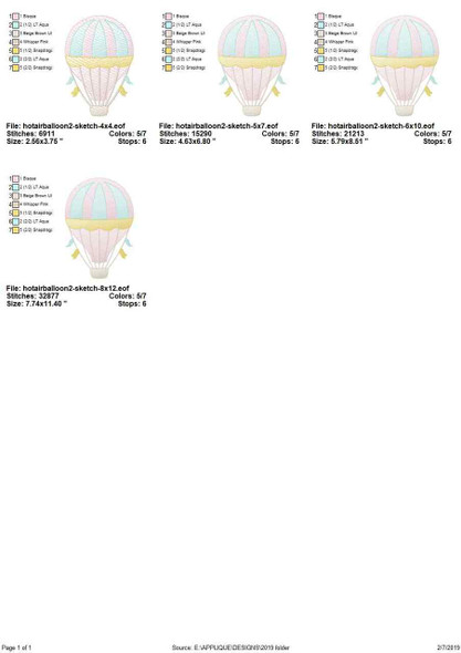Hot Air Balloon 2 Sketch Filled Stitch Embroidery Design