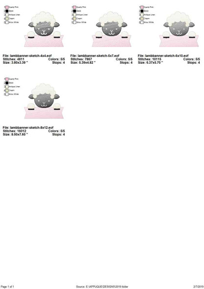 Lamb Banner Sketch Filled Stitch Embroidery Design