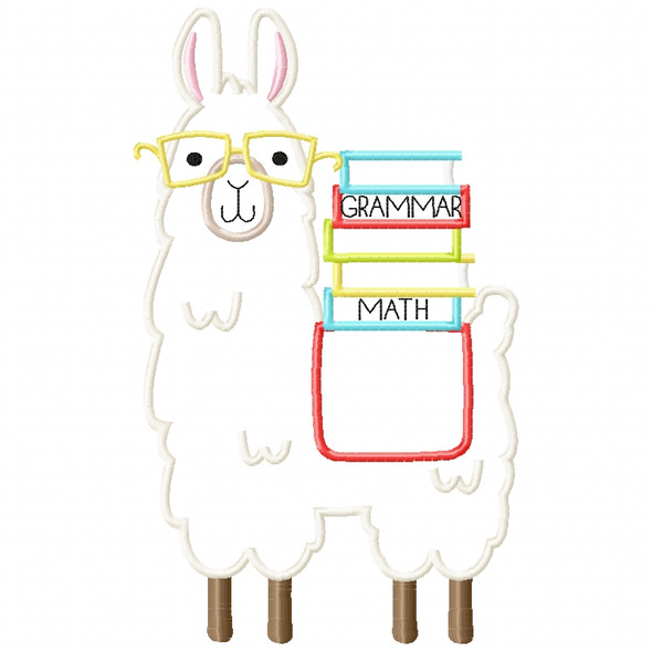 Llama and Books Satin and Zigzag Applique Machine Embroidery Design