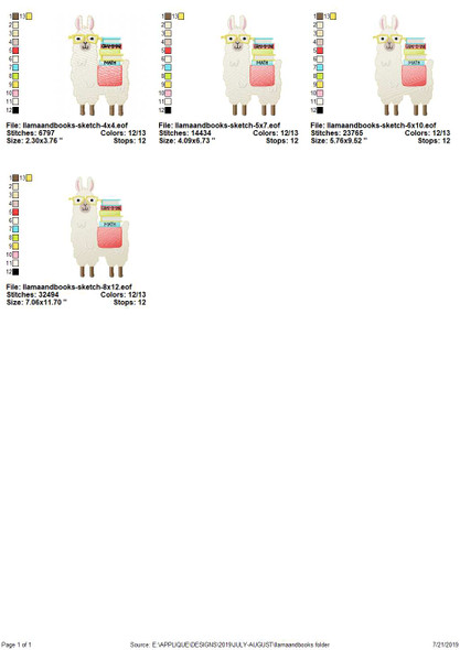 Llama and Books Sketch Applique   Embroidery Design