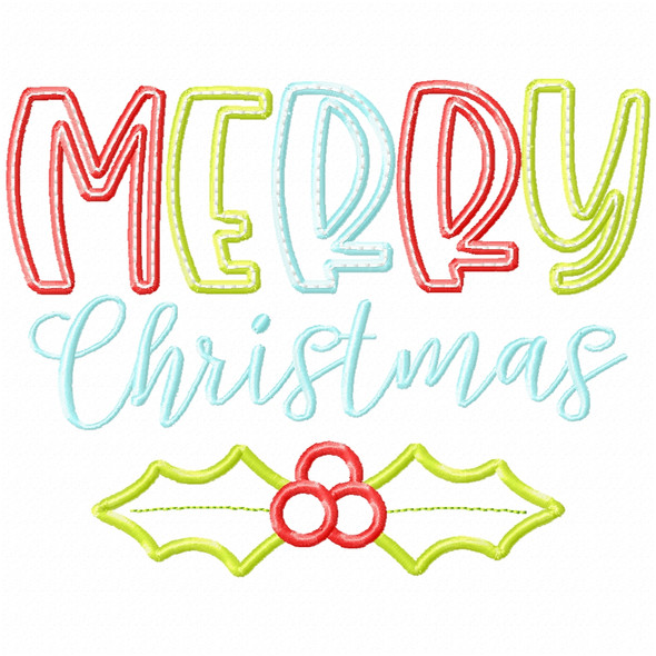 Merry Christmas Holly Satin and Zigzag Applique  Embroidery Design