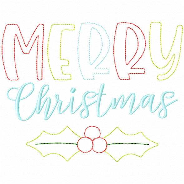 Merry Christmas Holly Sketch Fill and Simple Stitch Machine Embroidery Design