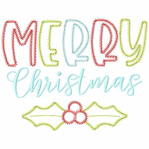Merry Christmas Holly Satin and Zigzag Applique  Embroidery Design