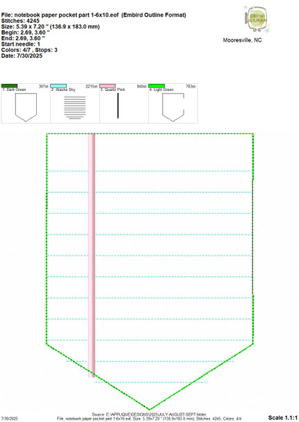 Back to School Notebook Paper Pocket Machine Embroidery Design Project