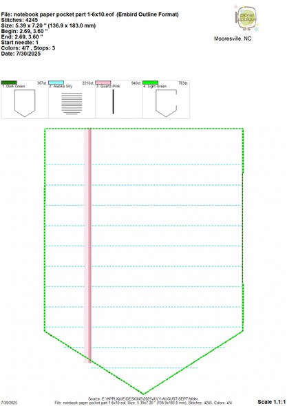 Back to School Notebook Paper Pocket Machine Embroidery Design Project
