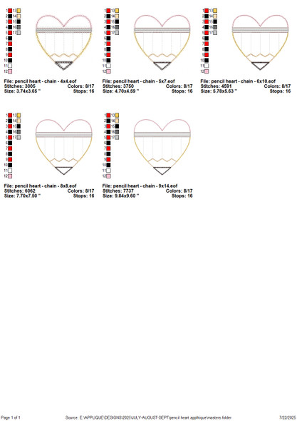 Heart pencil machine embroidery design for Back to School in chain stitch – available in 4x4, 5x7, 6x10, 8x8, and 9x14 sizes