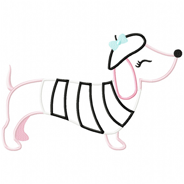 Paris Dachshund Satin and Zigzag Applique Machine Embroidery Design