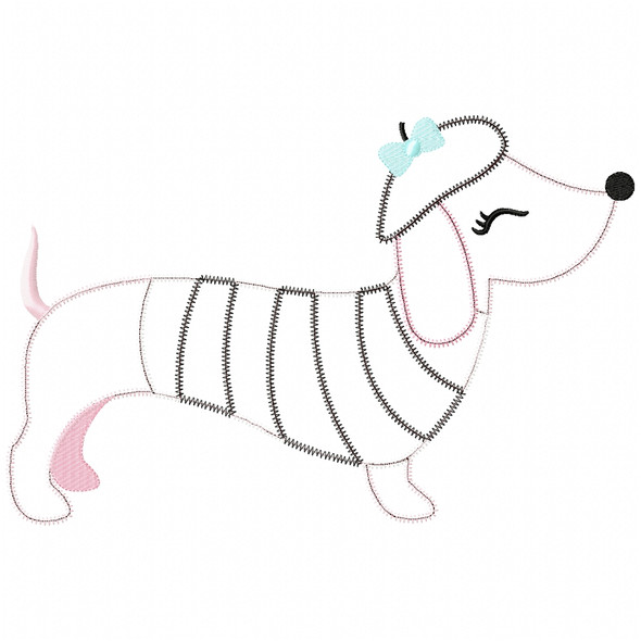 Paris Dachshund Satin and Zigzag Applique Embroidery Design